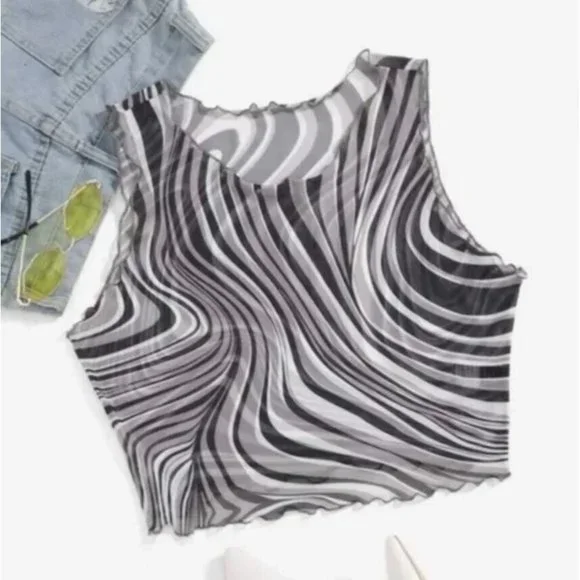 Shein Tank Top Women's Size L US 8 / 10 Marble Print Mesh Cropped Festival Club - Picture 2 of 12